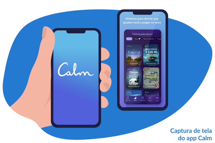 Desenho de uma mão mexendo no app Calm pelo celular